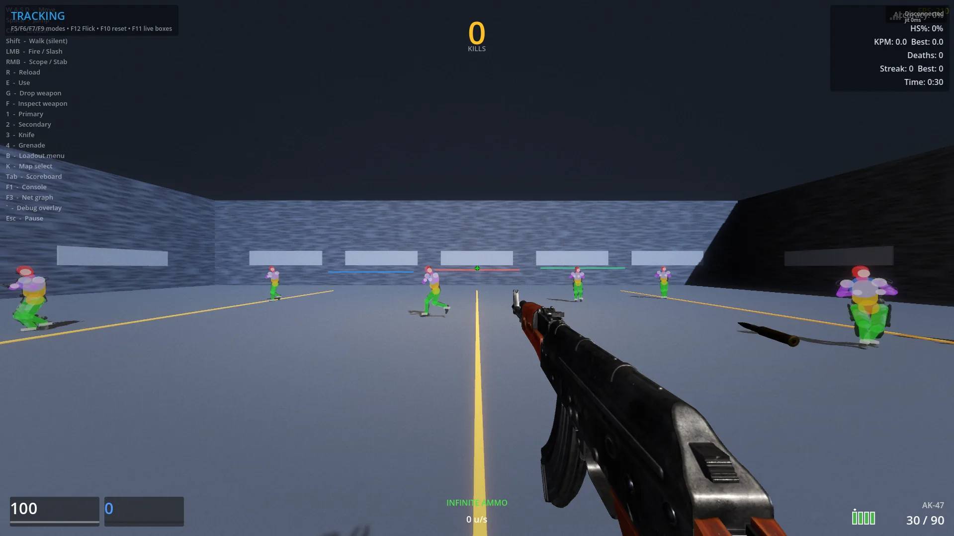 Arena Zero — Shooting range with hitbox debug overlay